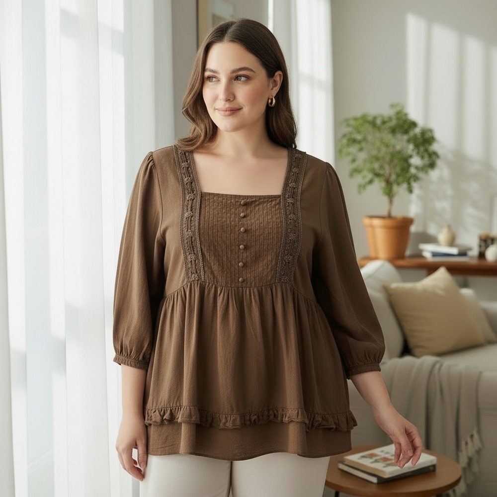 SILHOUETTES 3X Brown Cotton Empire Waist Blouse Embroidery R $65